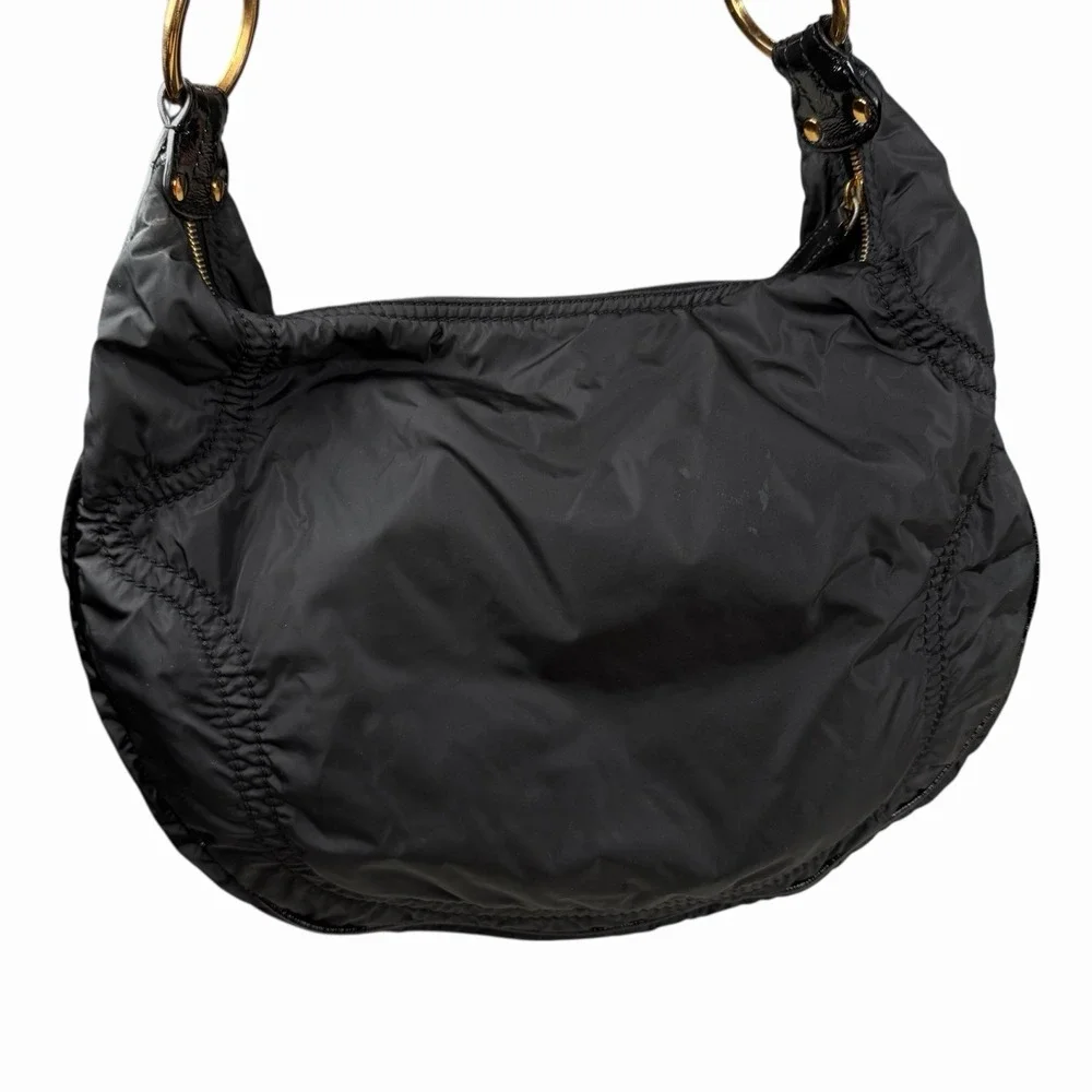 Tod's Tods Pashmy‎ Luna Black Nylon & Patent Leather Hobo w Zipper Detail